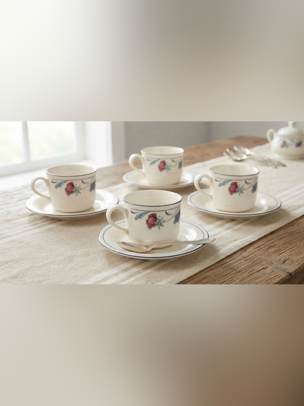 Vintage Lenox Poppies on Blue 4 Cup Saucer Sets 8 Pc USA